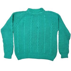 Vtg Lindsey Blake Sweater Women S Teal Mock Neck‎ Cable Knit Fisherman 80s 90s